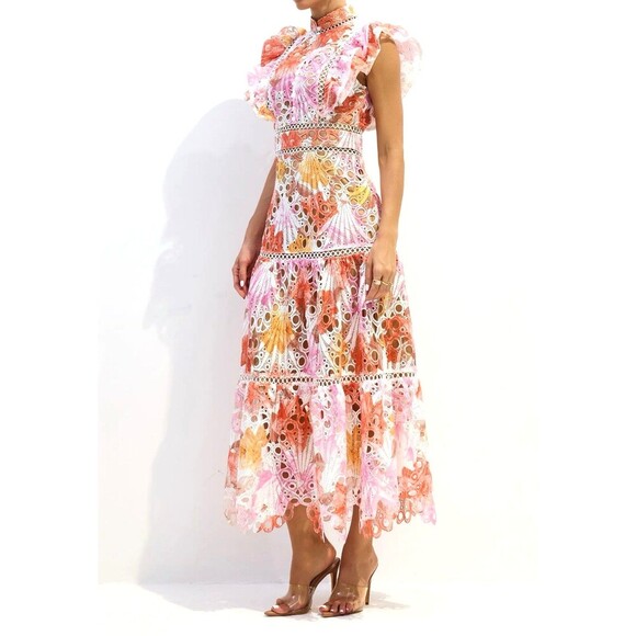 Dalia MacPhee lance Orange pink Hollow short sleeve  luxury Maxi midi Dress  L - Picture 1 of 15